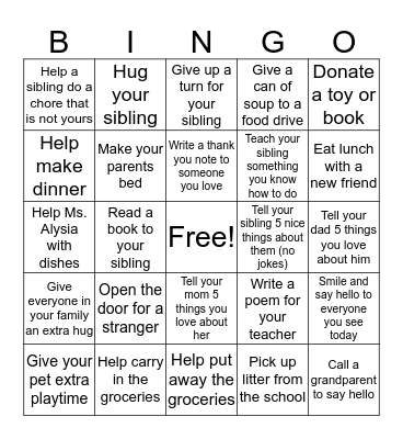 Stuart's Kindness Bingo Card