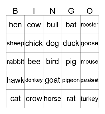 Farm Animals  Bingo Card