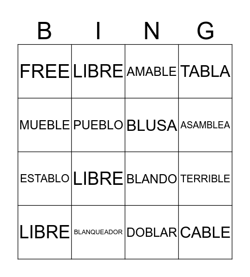 SILABAS COMPUESTAS CON "BL" Bingo Card