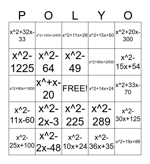 Polynomial Factoring Bingo Card