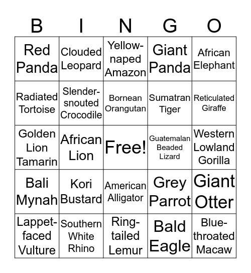 Endangered Species BINGO Card