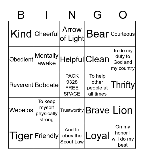 Cub Scout Bingo Card