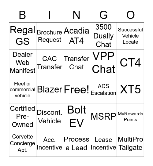 Shadowing Bingo Card