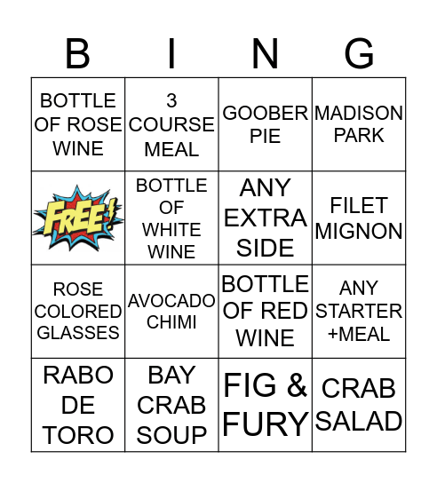 CAFE DINNER  Bingo Card