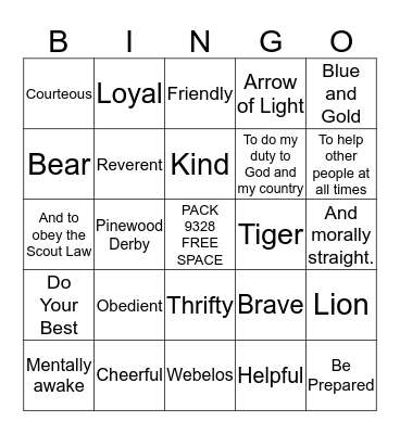 Cub Scout Bingo Card