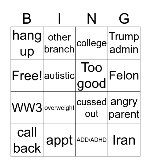 Phonecall Bingo Card