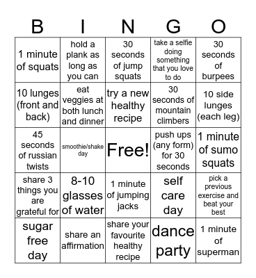 Fitness Bingo Card