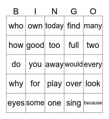High Frequency Words Bingo Card