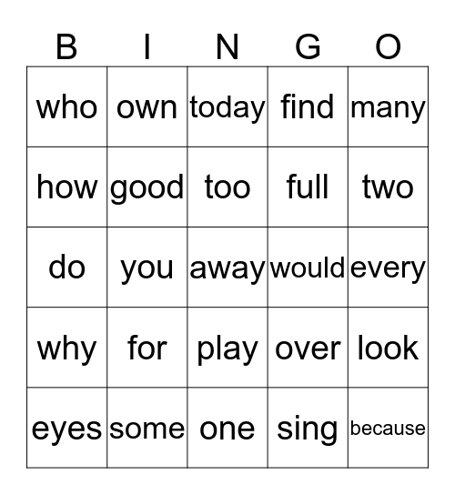High Frequency Words Bingo Card