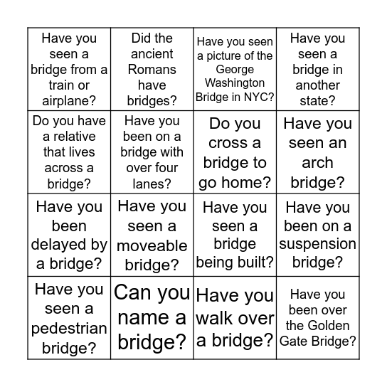 Bridge Icebreaker Bingo Card