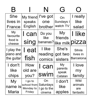 Sentences 1 Bingo Card