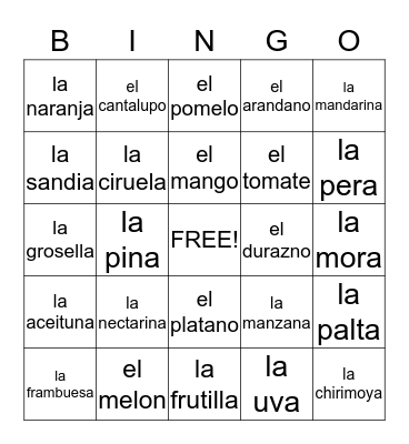 Spanish Fruit Vocabulary # 1 Bingo Card