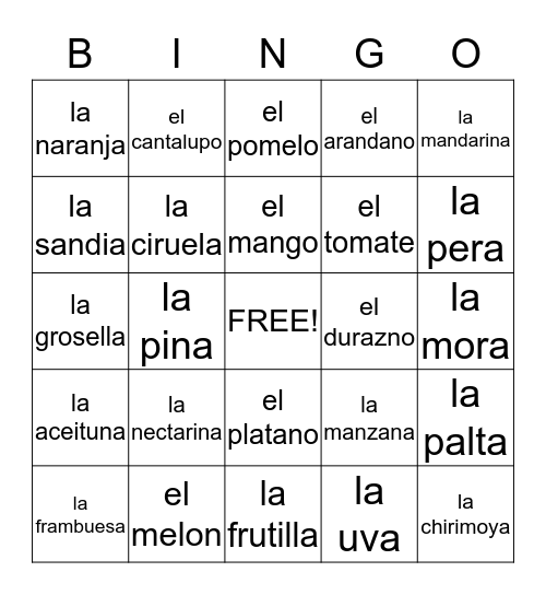 Spanish Fruit Vocabulary # 1 Bingo Card