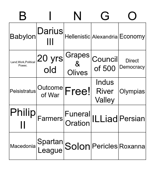 Alexander the Great/Peloponnesian War Bingo Card