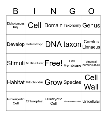Living Things Bingo Card