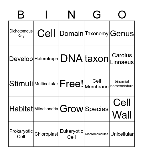 Living Things Bingo Card