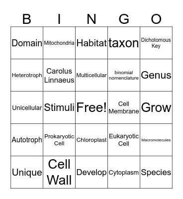 Living Things Bingo Card