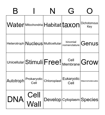Living Things Bingo Card