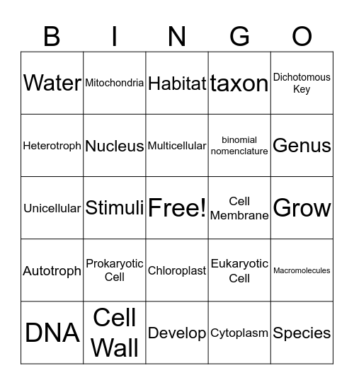 Living Things Bingo Card