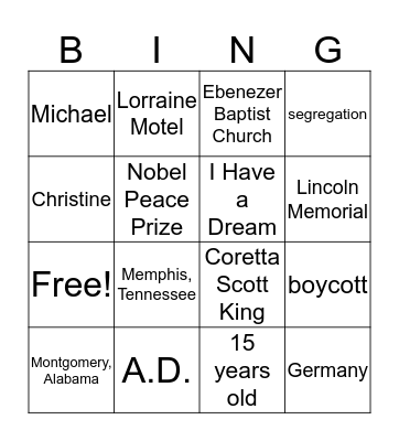 Martin Luther King, Jr. Bingo Card