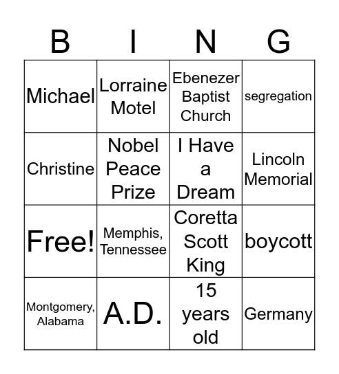 Martin Luther King, Jr. Bingo Card