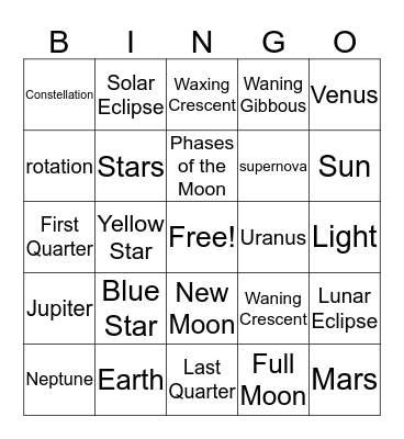 Solar System Bingo Card