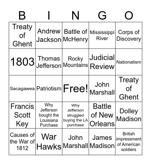 Jefferson/War of 1812 Bingo Card