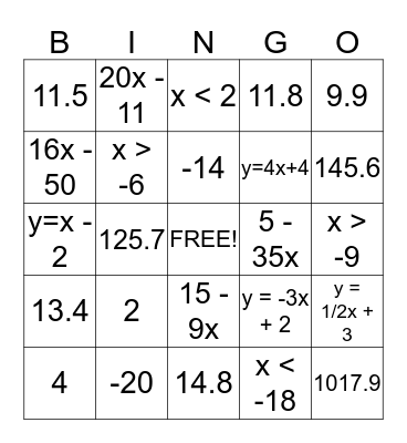 Pre-Algebra Bingo Card