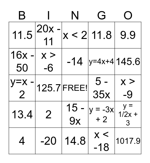 Pre-Algebra Bingo Card