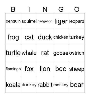Zoo Bingo Card