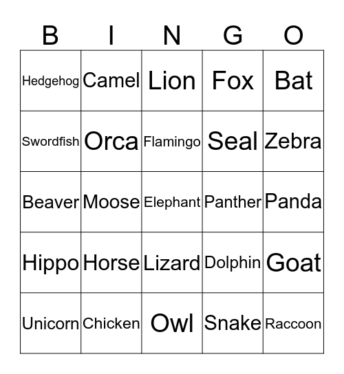 Animal Bingo 2020 - Version 2 Bingo Card