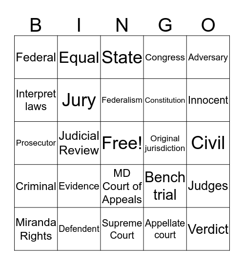 Intro to Judicial Branch Bingo Card