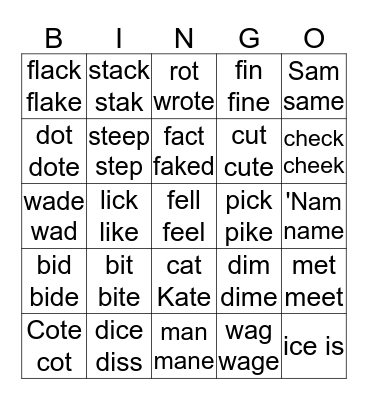 Simple Vowel Sounds Bingo Card