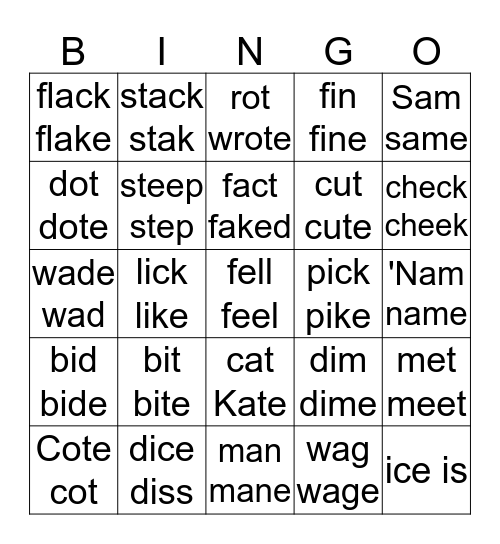 Simple Vowel Sounds Bingo Card