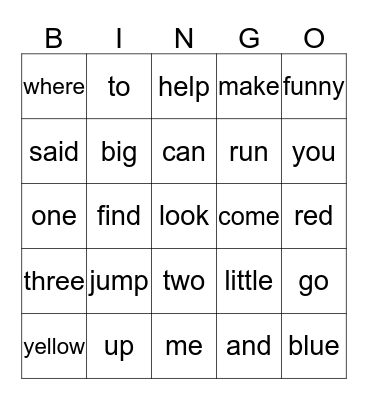 pre-primer Bingo Card