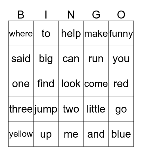 pre-primer Bingo Card