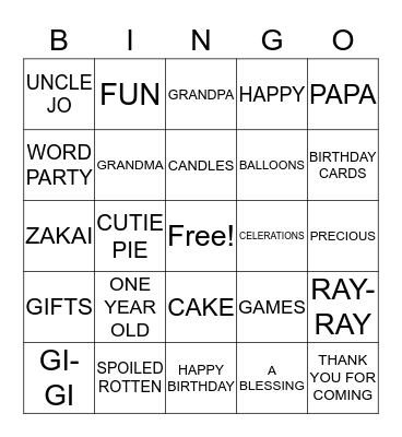 ARAYAH'S 1ST BIRTHDAY PARTY Bingo Card