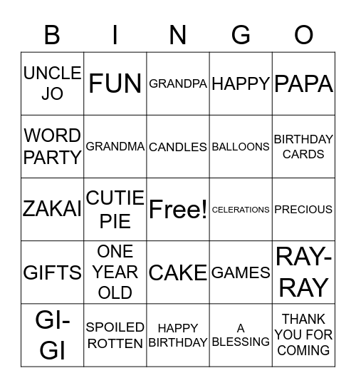 ARAYAH'S 1ST BIRTHDAY PARTY Bingo Card