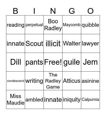 To Kill a Mockingbird Bingo Card
