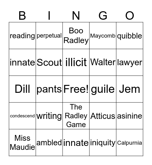 To Kill a Mockingbird Bingo Card