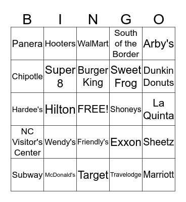 Car Trip Bingo Card