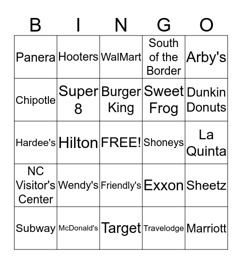 Car Trip Bingo Card