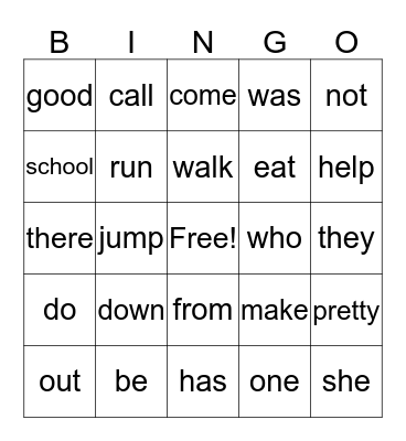 Sight Words Bingo Card