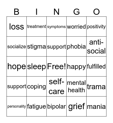 Mental Health Bingo Card