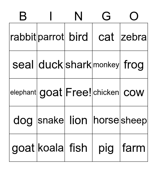 ANIMALS Bingo Card