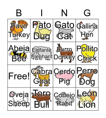 Bingo de Animales Bingo Card