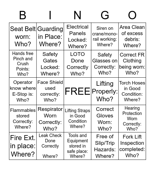 Safety Bingo Card