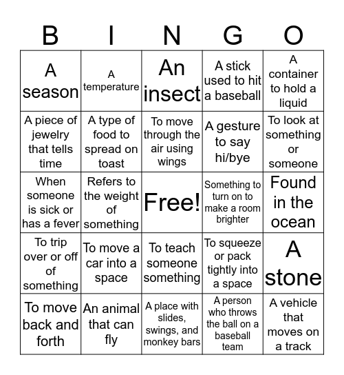 Homonym Bingo Card