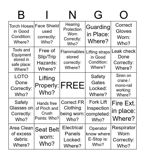 Safety Bingo Card