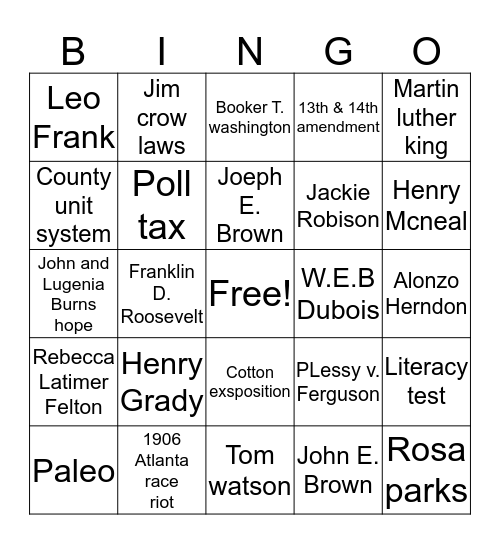 Georgia Bingo Card